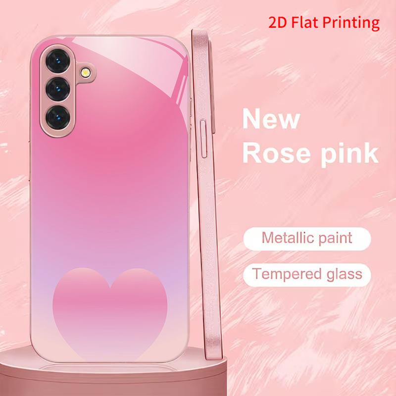 2DFlat Samsung electroplated tempered glass phone case,Soft Pink Heart DesignSuitable for Galaxy S26 S23 S24FE S25ULTRA S22 S21