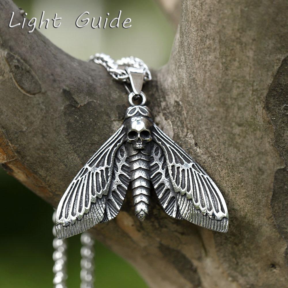 NEW Men s 316L stainless-steel Death Head Skull Butterfly Moth Pendant Necklace for teens Animal Jewelry ree