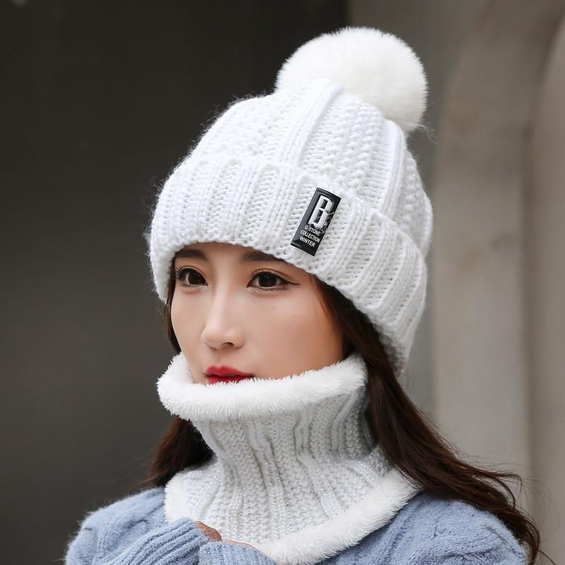 Winter Hat Womens Beanie Hats Thick Warm  Winter Women Knitted Hat B Letter Bonnet Beanie Cap Cycling Hat Scarf 2pc Sets