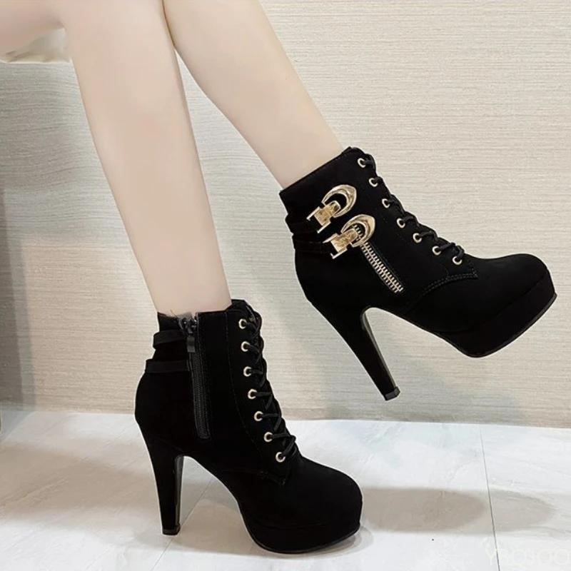 Fashion Plus Size Ankle Boots Women Platform High Heels Female Lace Up Shoes Buckle Short Boot Casual Ladies Footwear Drop