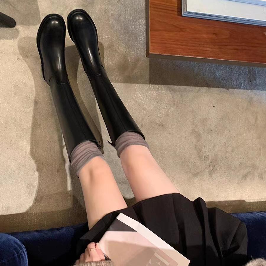 Simple Round Head Low Heel Side Zipper Fashion High Long Knight Boots Women's New Autumn and Winter Models