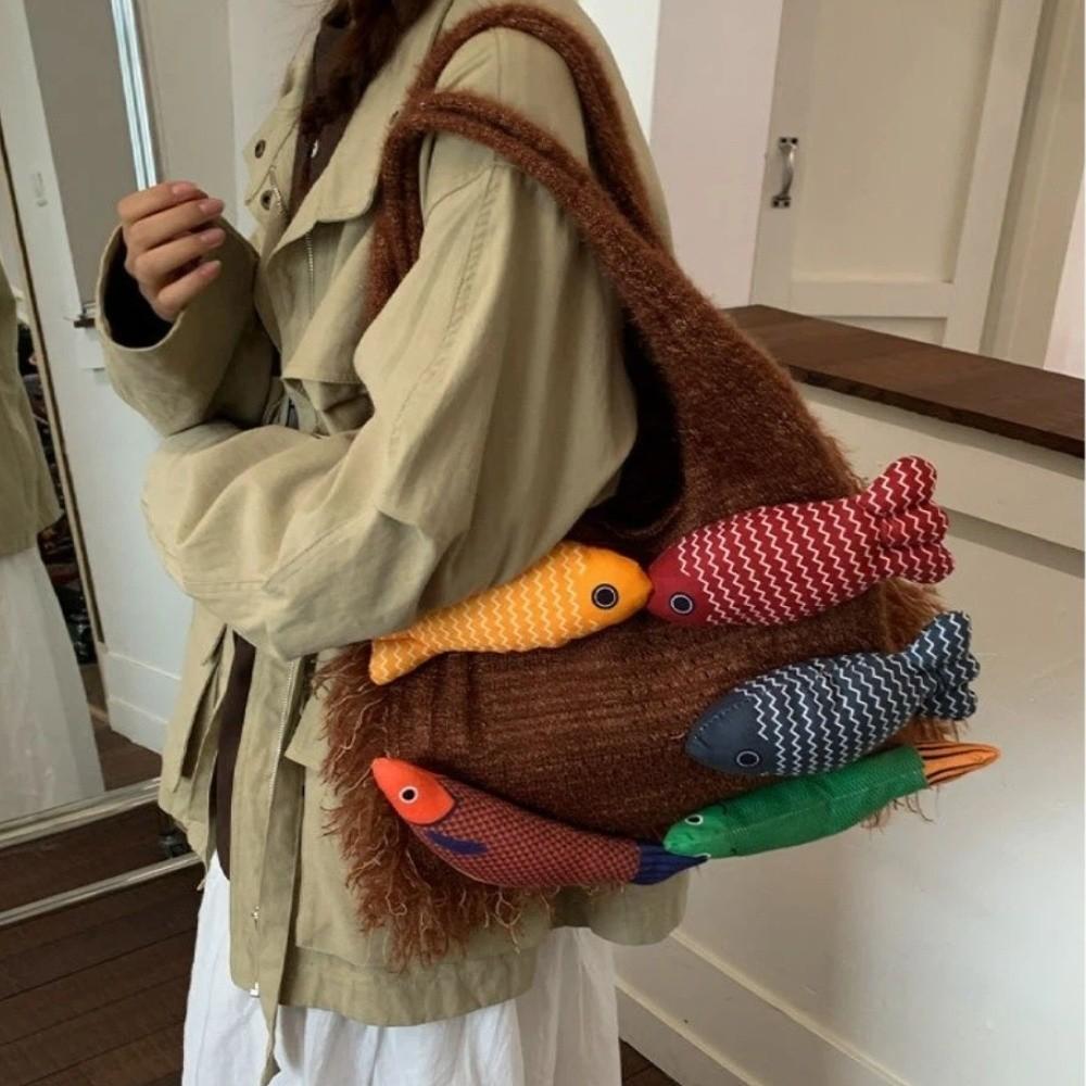 Large Capacity Knitted Tote Bag Casual Boho Shoulder Bags Fish Pattern Woven Bag  Gift Idea
