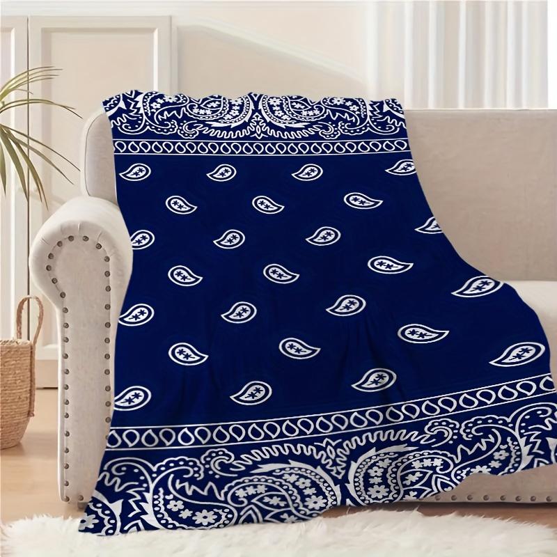 Paisley Geometric Pattern Bohemian Style Art Blanket - Blue & White Soft All-Season Multi-Purpose Throw for Couch, Nap & Travel