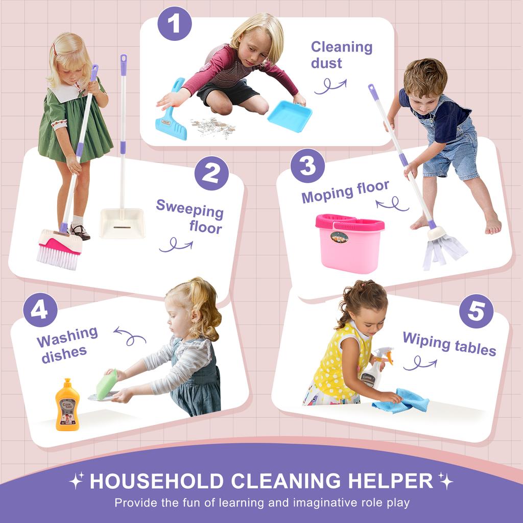 12ks/Sada Čisticí sada Simulovaná sada na domácí práce s koštětem lopatkou kyblíkem mopem Vzdělávací hračky na předstírání pro děti Dárky