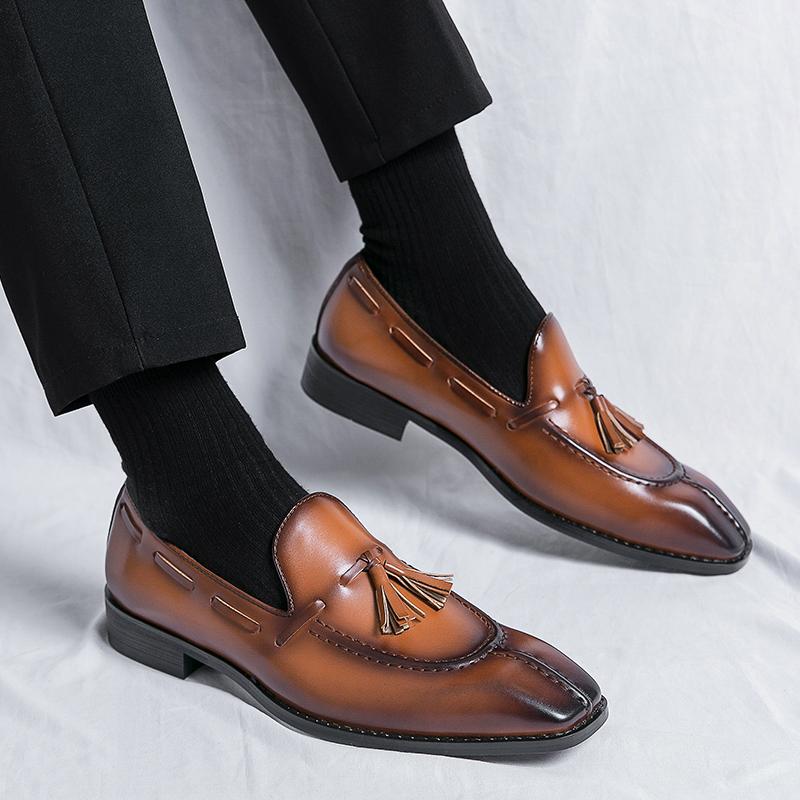 Retro Tassel Small Square Head Men's Luxury Business Leather Shoes Slip-on Social Shoes Wedding Shoes Dinner Loafers Pea Shoes