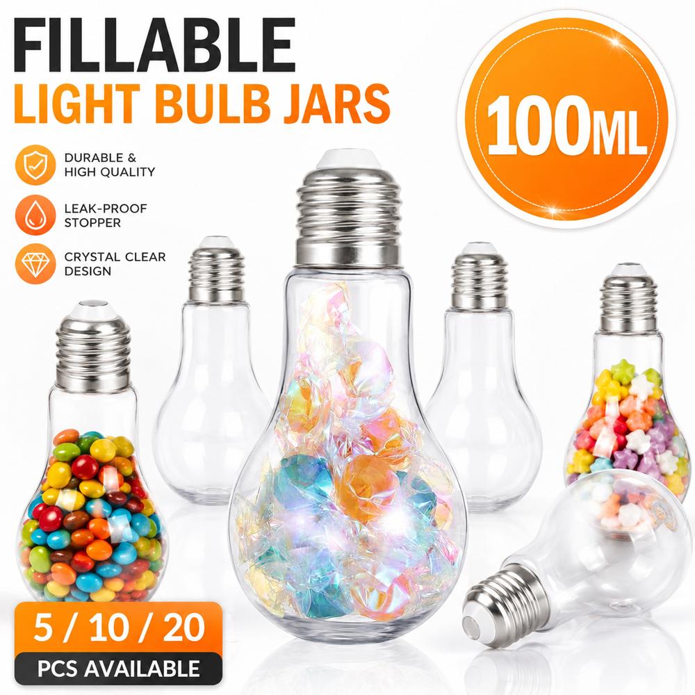 Plastic Light Bulbs, 100ml Clear Fillable Ornaments, Plastic Light Bulbs Candy Jars for Crafts, Decorative Centerpieces, Party