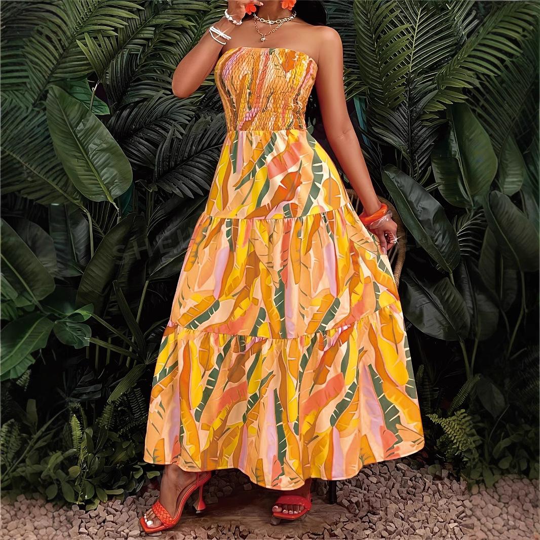 

Женское сексуальное длинное платье без бретелек с эластичной талией и принтом XXL жёлтый