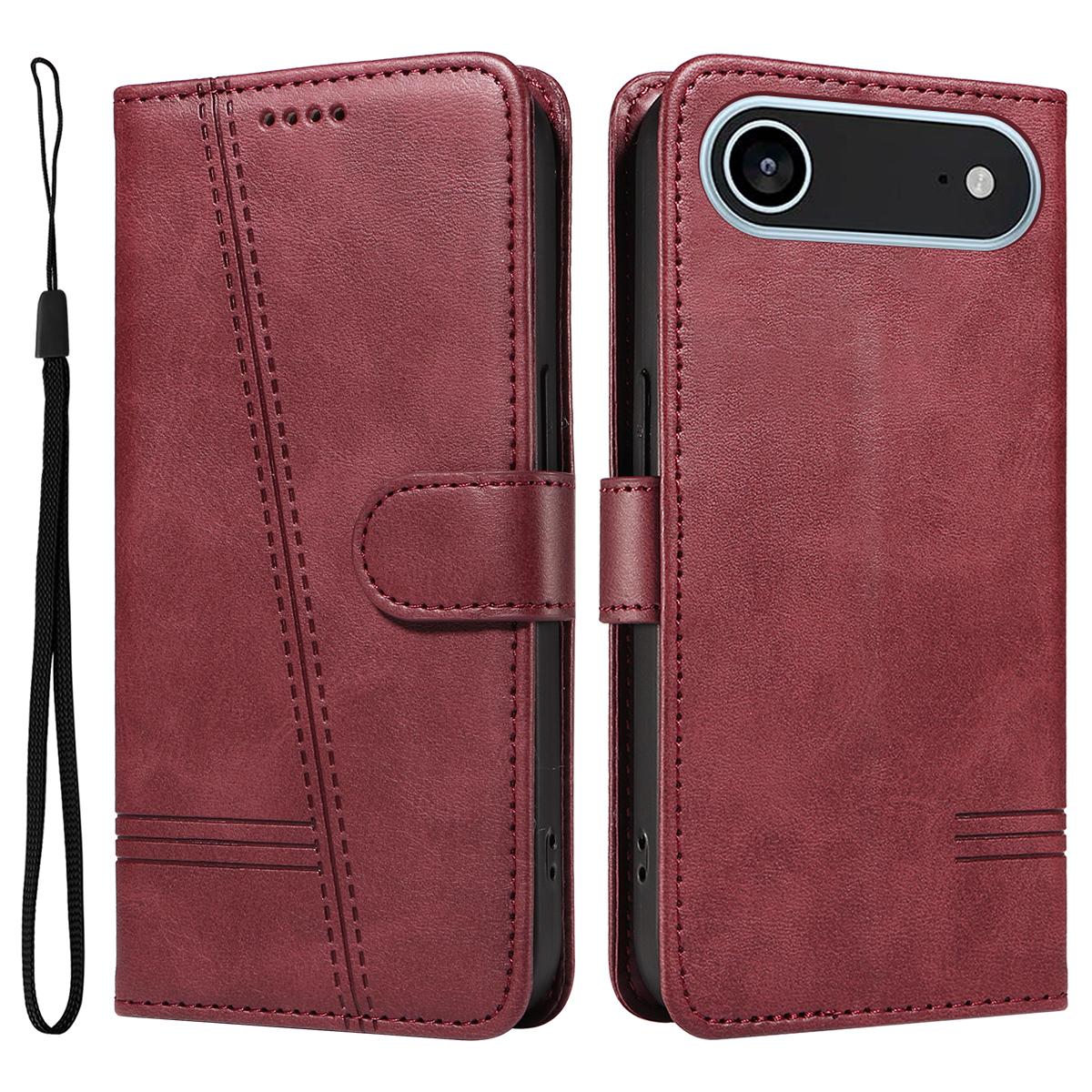 

Для iPhone 17 Air Чехол-кошелек Т-образные линии Кожаный чехол для телефона Подставка Wine Red