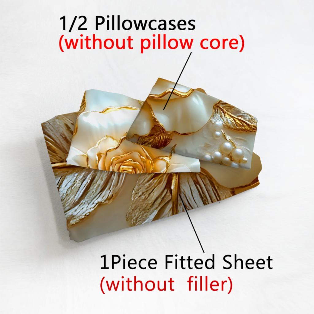 Luxury Golden Rose Fitted Sheet Set 3D Print Pearl Floral Bedding Set Soft Breathable Microfiber Fabric For Women Bedroom Decor