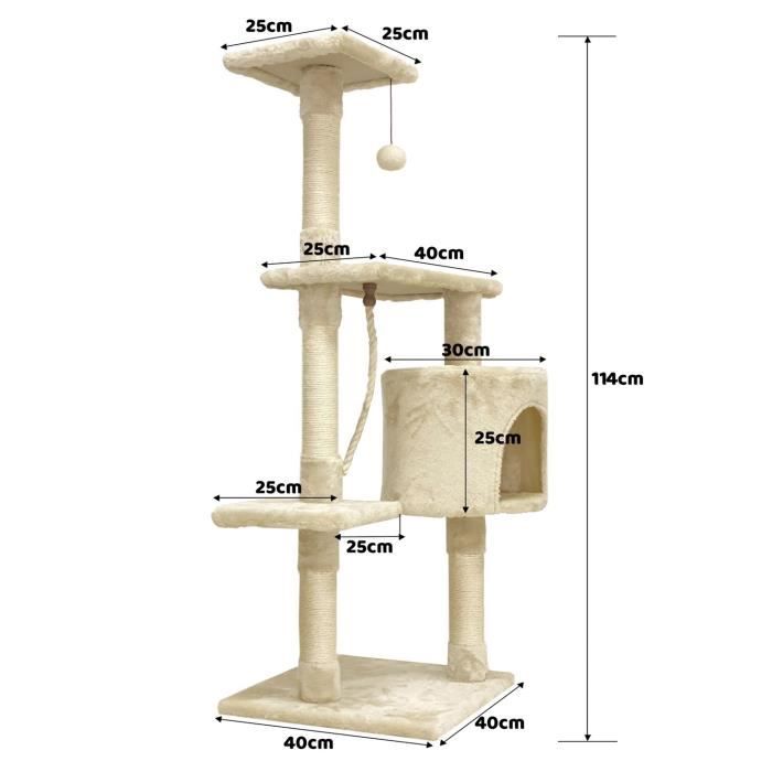 PALOMA Arbre à chat beige 40 x 40 x 114cm - 3 plateformes, 1 corde, 1 niche , poteaux à griffer