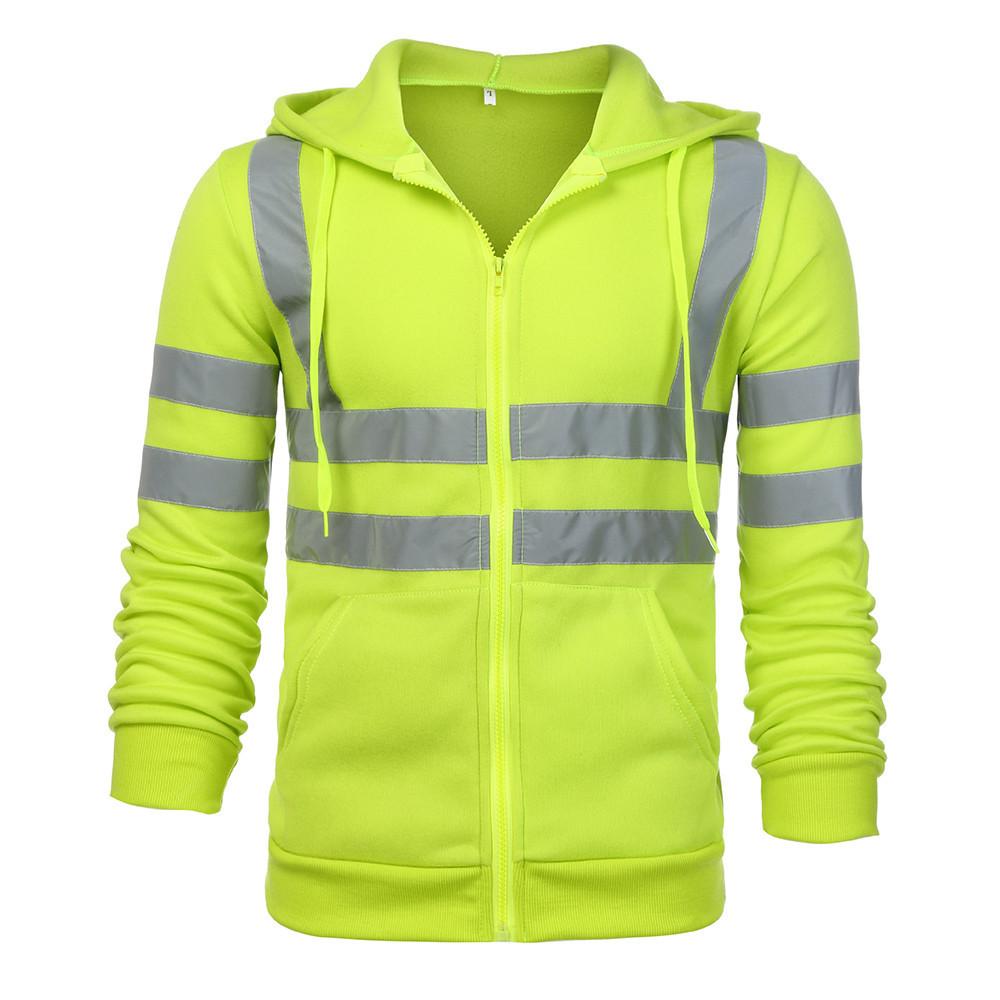 Fleece-lined Outdoor Sanitation Workwear Men's High Visibility Reflective Strip Zipper Hooded Sweatshirts