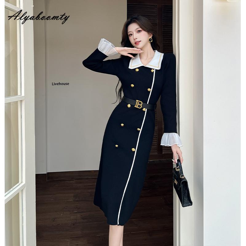 Office Lady Fall Winter Women Knitting Dress Turn-Down Collar Contrast Color Knitted Dress Flare Sleeve Elegant Fashion Warm Sweater Dress With Belt