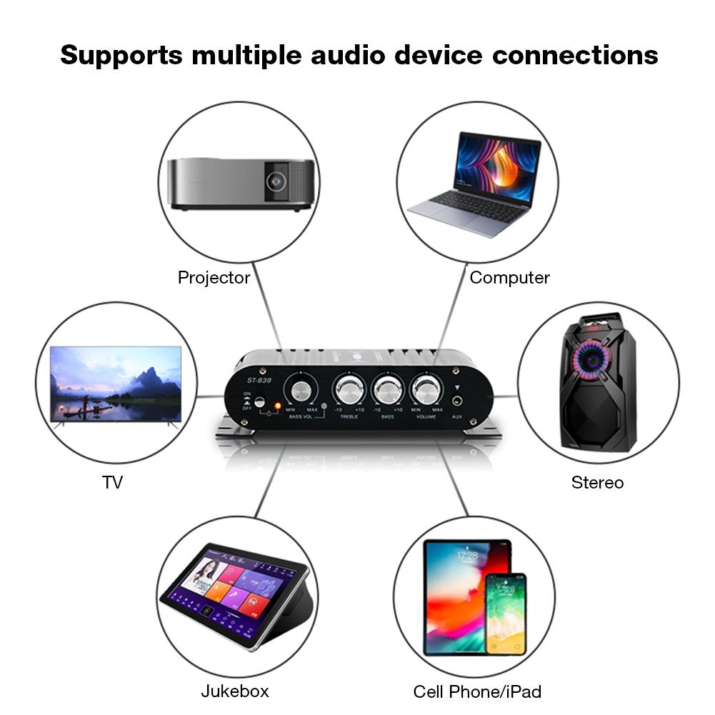 ST-838 HiFi 2.1 Channel Audio Amplifier Bass and Treble Adjustment 80W*2 Black Car Home Amp Mini Media Player