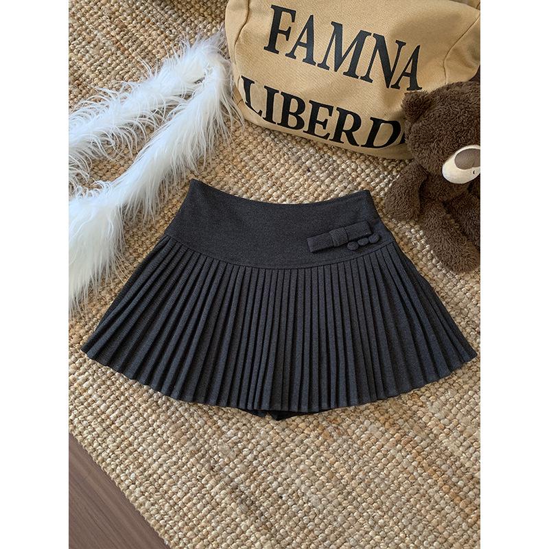 Plus Size Women's Woolen Pleated A-line Skirt with Bow - High Waist, Short, for Autumn/Winter