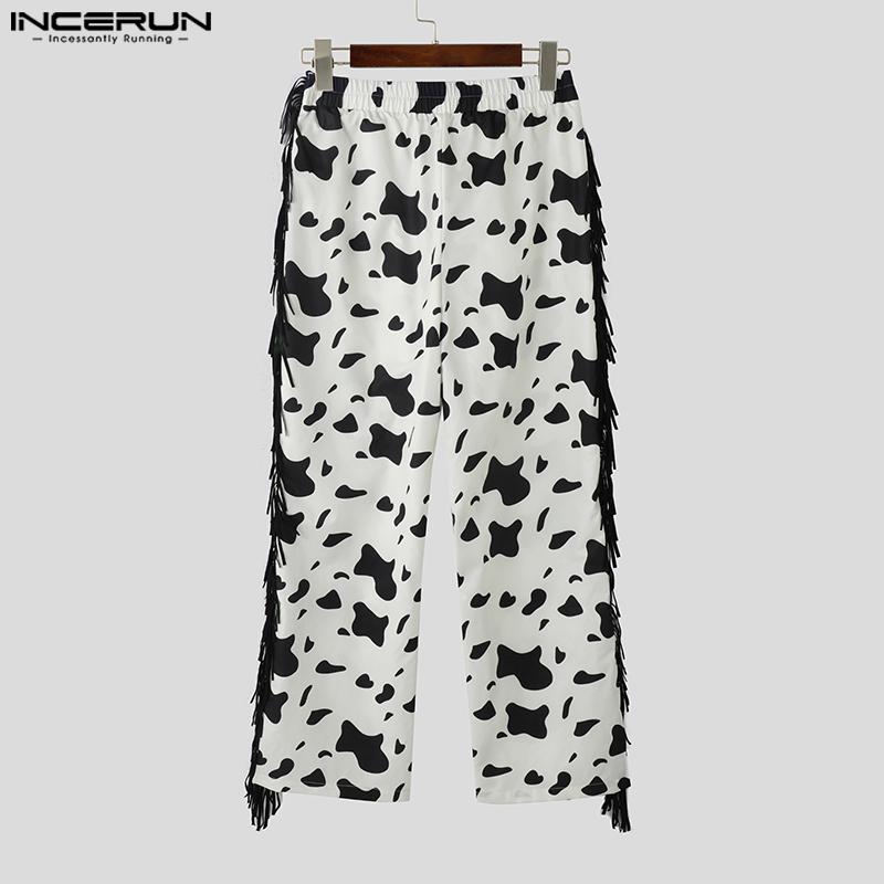 INCERUN Men Elastic Waist Cutout Tassel Hem Print Party Homewear Long Pants Trousers