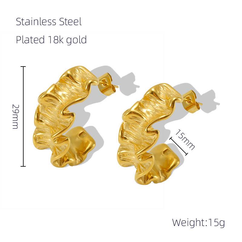 

18K Gold-Plated Stainless Steel Pleated Earrings with Diamond Accents for Women - European & American Style 18K