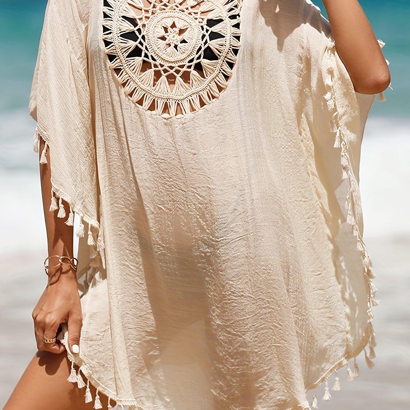 

Вязаная крючком накидка в стиле бохо, женская накидка с круглым вырезом и кисточками, свободная посадка, женские купальники One-size бежевый