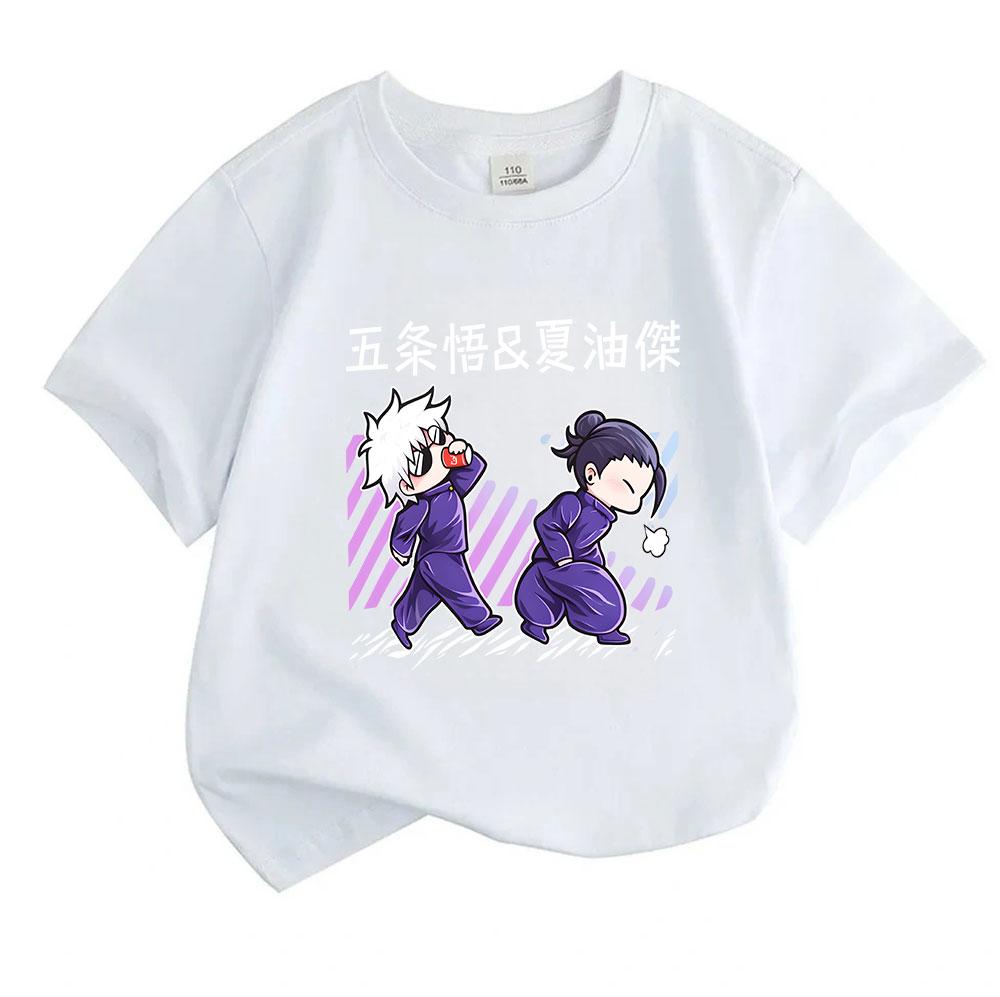 Kids Boys Girls 100% Cotton Crew Neck Short Sleeve T-Shirt, Cute Jujutsu Kaisen Chibi Gojo Satoru Geto Suguru Print Casual Soft Tee for Daily Wear Sum
