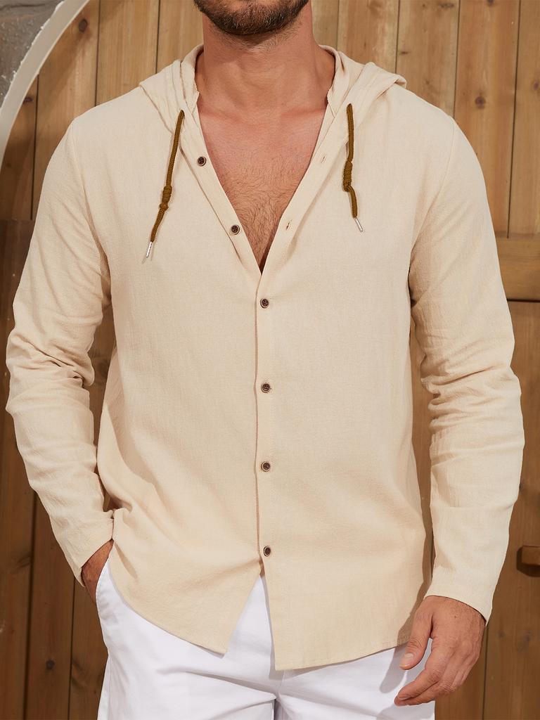 Chemise à Capuche Homme Manches Longues Boutonnée Texture Lin avec Boutons en Bois & Cordon de Serrage - Haut Léger d'Été Décontracté