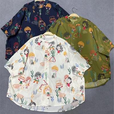 Moda de algodão japonês dos desenhos animados verão fino harajuku camisas curtas femininas casual simples solto impressão topos blusa