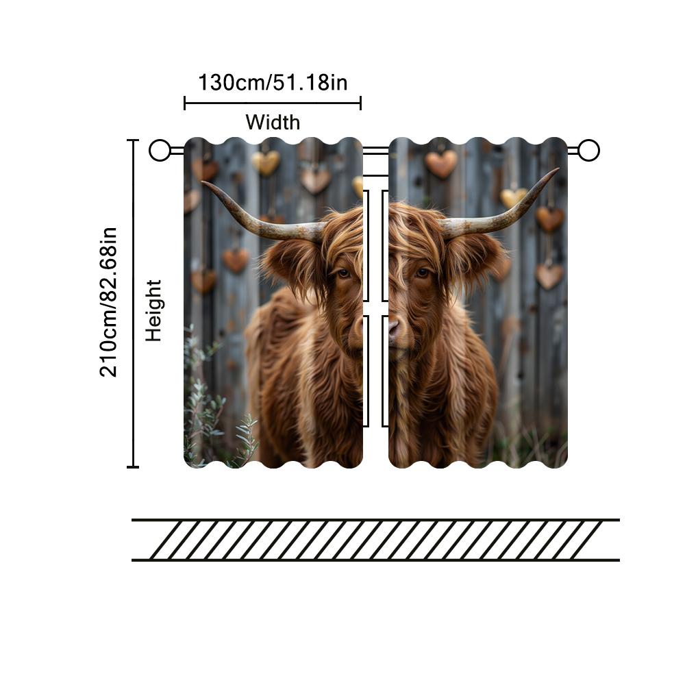 Set Of 2 Filtering Curtains Excluding Rods Non Movable Without Batteries Highland Cow Use Bedrooms Living Rooms Curtain Polyester Ideal For Great Room