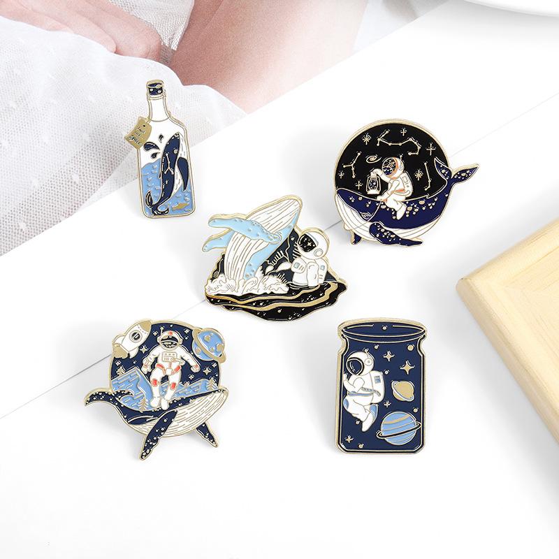 Whale Astronaut Drifting Bottle Metal Design Badges Brooch Enamel Pins Label Bag Backpack Jewelry Boy Girl Gift