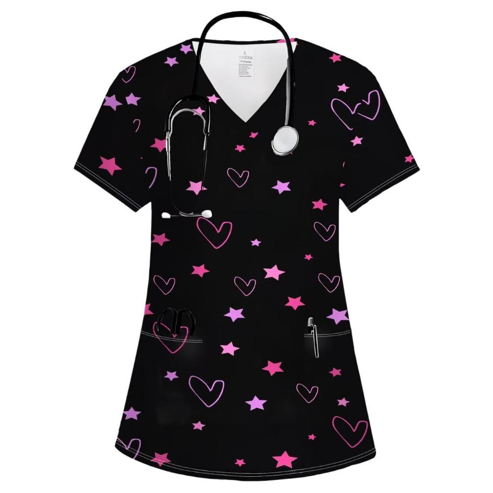 Nursing Uniform Woman Comfortable Dentist Vet V-Neck Short Sleeve Women Scrub Fashion Heart Pattern Print Clinical Uniform Woman