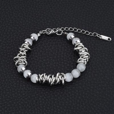 Korean Style Teens Girls Stainless Steel Bracelet White Cat Eye Stone Beads Bracelets Hiphop Rock Wristband Friend Gifts