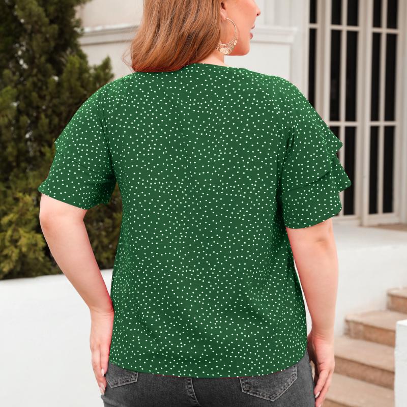 Fashion Casual T-shirt Women Vintage Thin Streetwear Digital Printing Dots Red Lotus Leaf Patchwork Tops Female Design Casual Slim Clothing