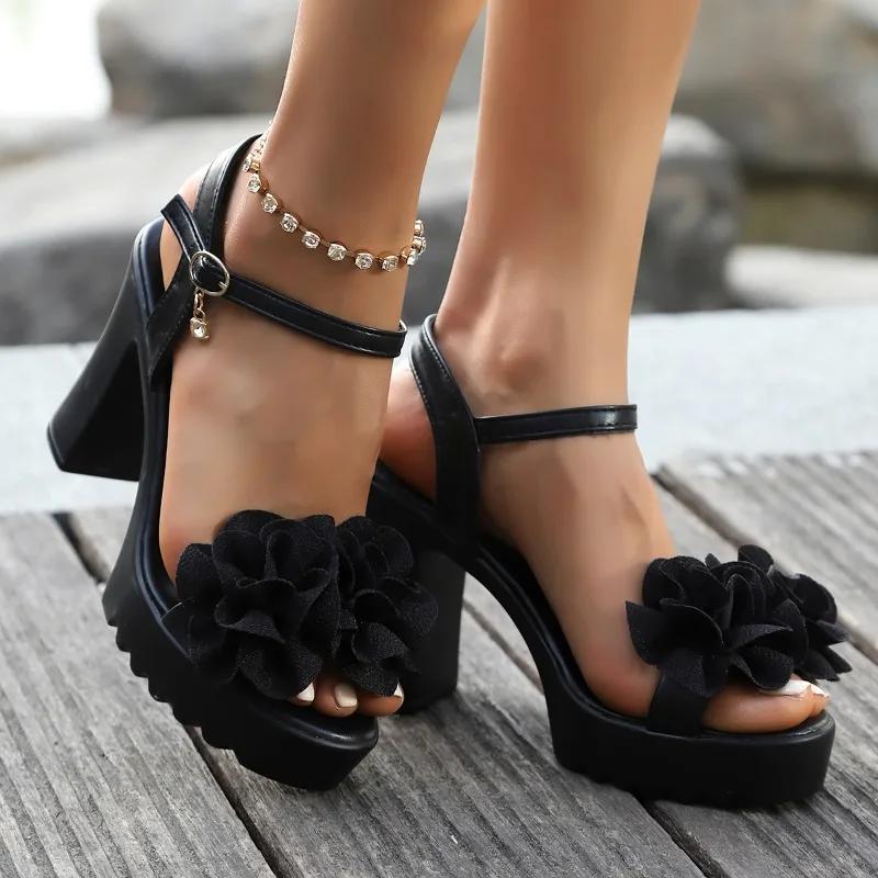 2025 Letnie Sandały na Wysokim Obcasie Damskie Gladiator Odkryte Palce Seksowne Peep Toe Grube Obcasy Buty na Platformie Modne Kwiatowe Damskie Sandały