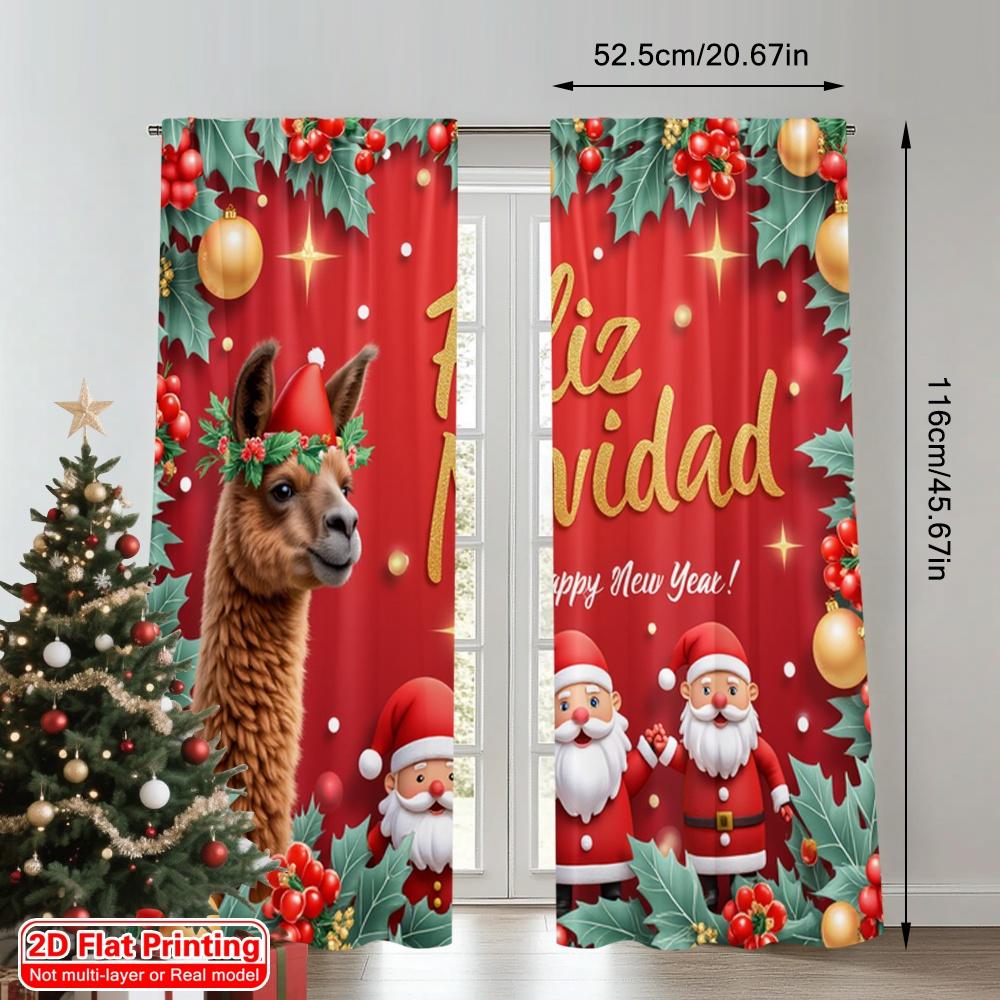 2pcs 2D Flat Printing Merry Christmas Scene Curtains Merry Christmas Llama Santa 100% Polyester Without Electricity Festive