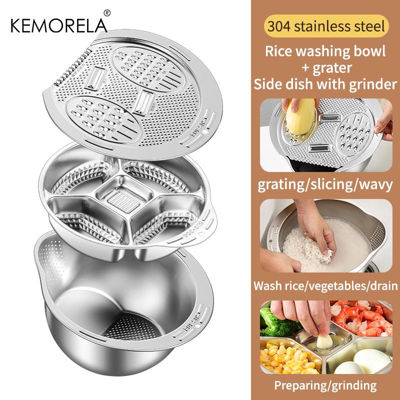 

3in 1 Stainless Steel Rice Washer Bowl - 304 Multi Colander for Washing & Draining Rice, Fruit, Salad,Space-Saving Easy to Clean