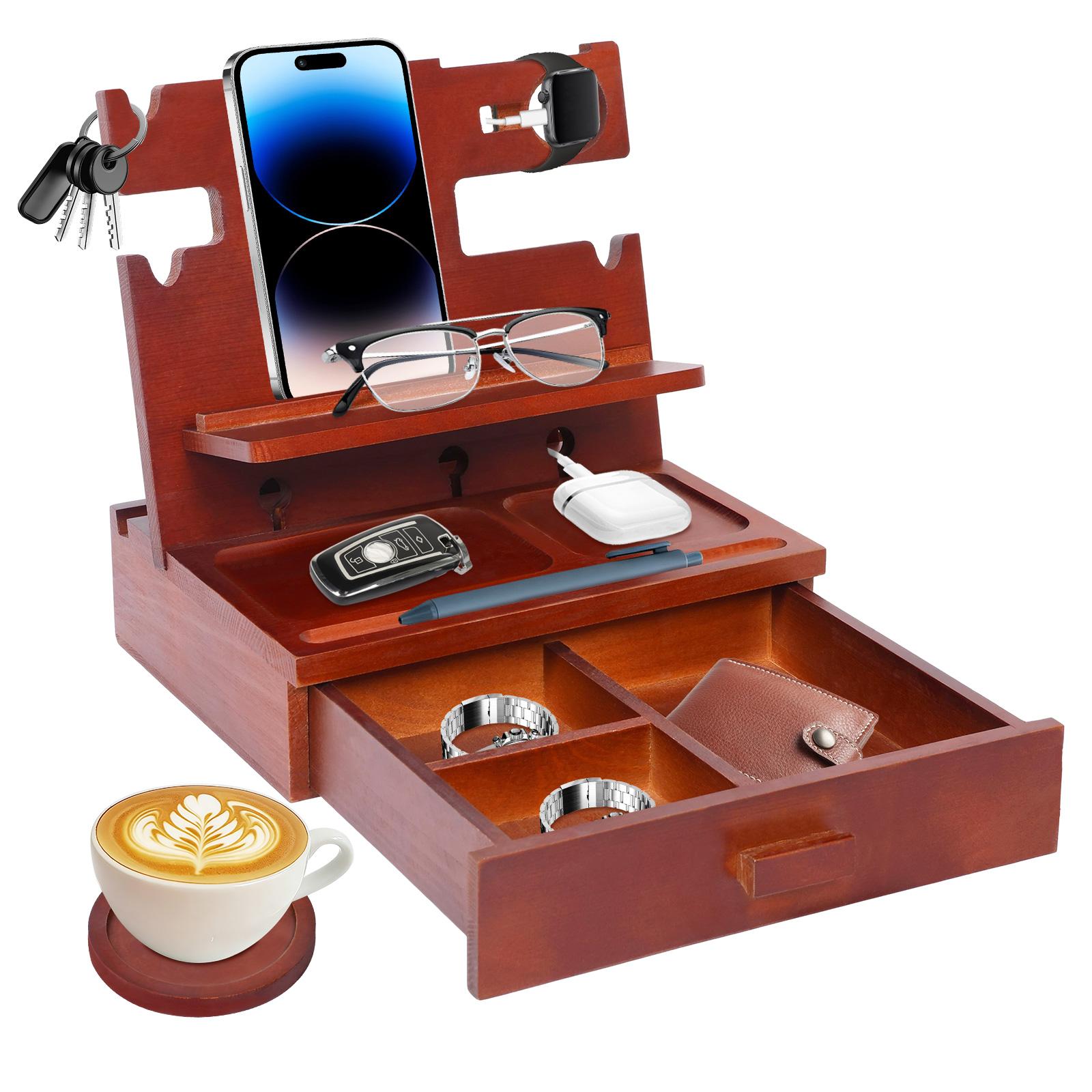 

Wood Phone Docking Station with Drawer Bedside Key Wallet Watch Jewelry Stand Storage Rack Desk Organizer Multifunctional