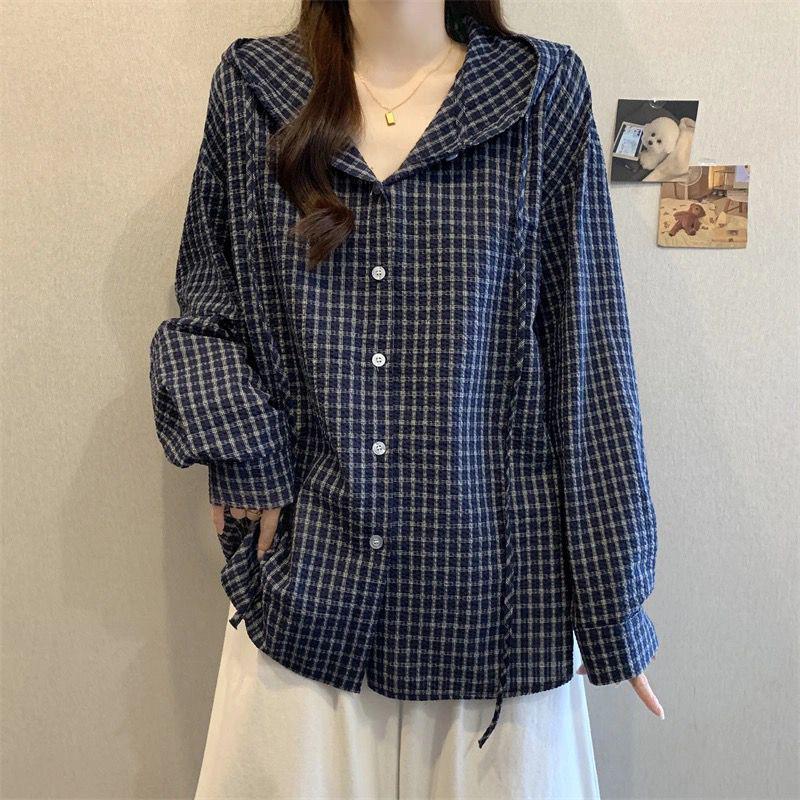 

Women s Plus Size Hooded Plaid Shirt Jacket - New Spring Arrival, Loose Long Sleeve Top 4XL (180-200 jin) темно-синий