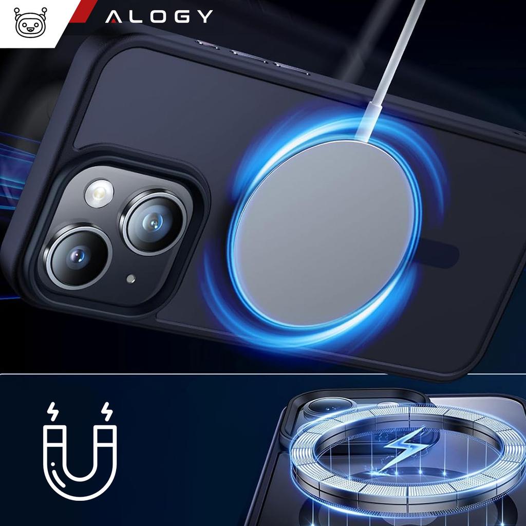 Case for Iphone 15 Plus Magsafe Matt Case Cover Matte Alogy Ring Armored Phone Navy Blue + Glass