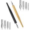 Quacc Comic Dip Pen Set, 2 Pen Holders and 10 Replacement Nibs, Wooden Calligraphy Holder with 5 Different Stainless Steel Nib for Writing, Painting,