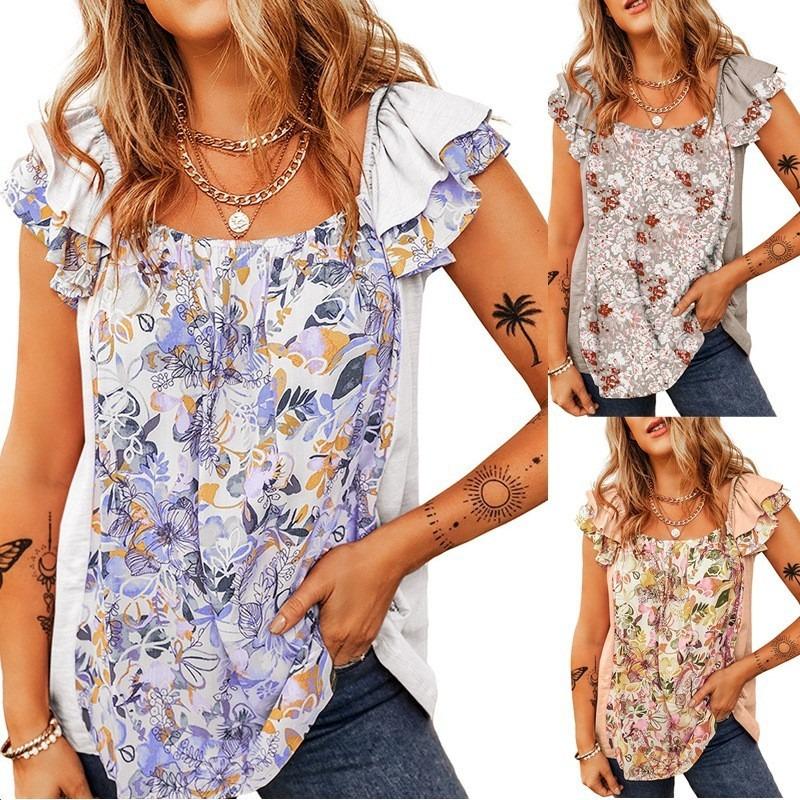 Women Bohemian Floral Print Ruched Short Sleeve Square Neck Pullover T Shirt Top