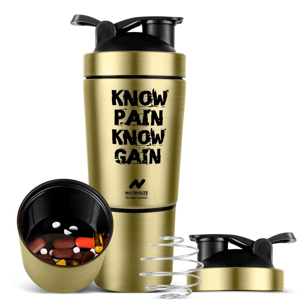 Nutrigize Roestvrij Staal Shaker Fles voor Eiwitten, 590ml Waterfles met Extra Compartiment | Lekvrij, BPA-Vrij, Duurzaam en Multifunctioneel