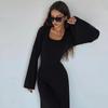 Women's Autumn Loose U Neck Back Tie Long Sleeve Dresses