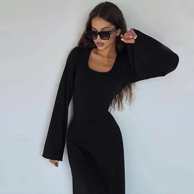 Women's Autumn Loose U Neck Back Tie Long Sleeve Dresses