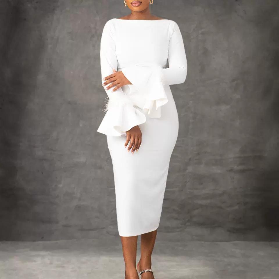 Women's Hip-Wrap Flare Sleeve Party Dress - New Fashion Solid Color OL Style