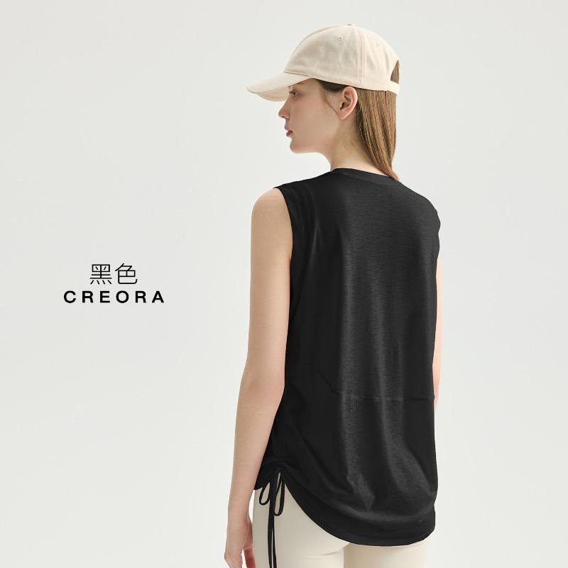 Slub yarn breathable yoga vest women's loose round neck sleeveless sports top hem drawstring yoga blouse