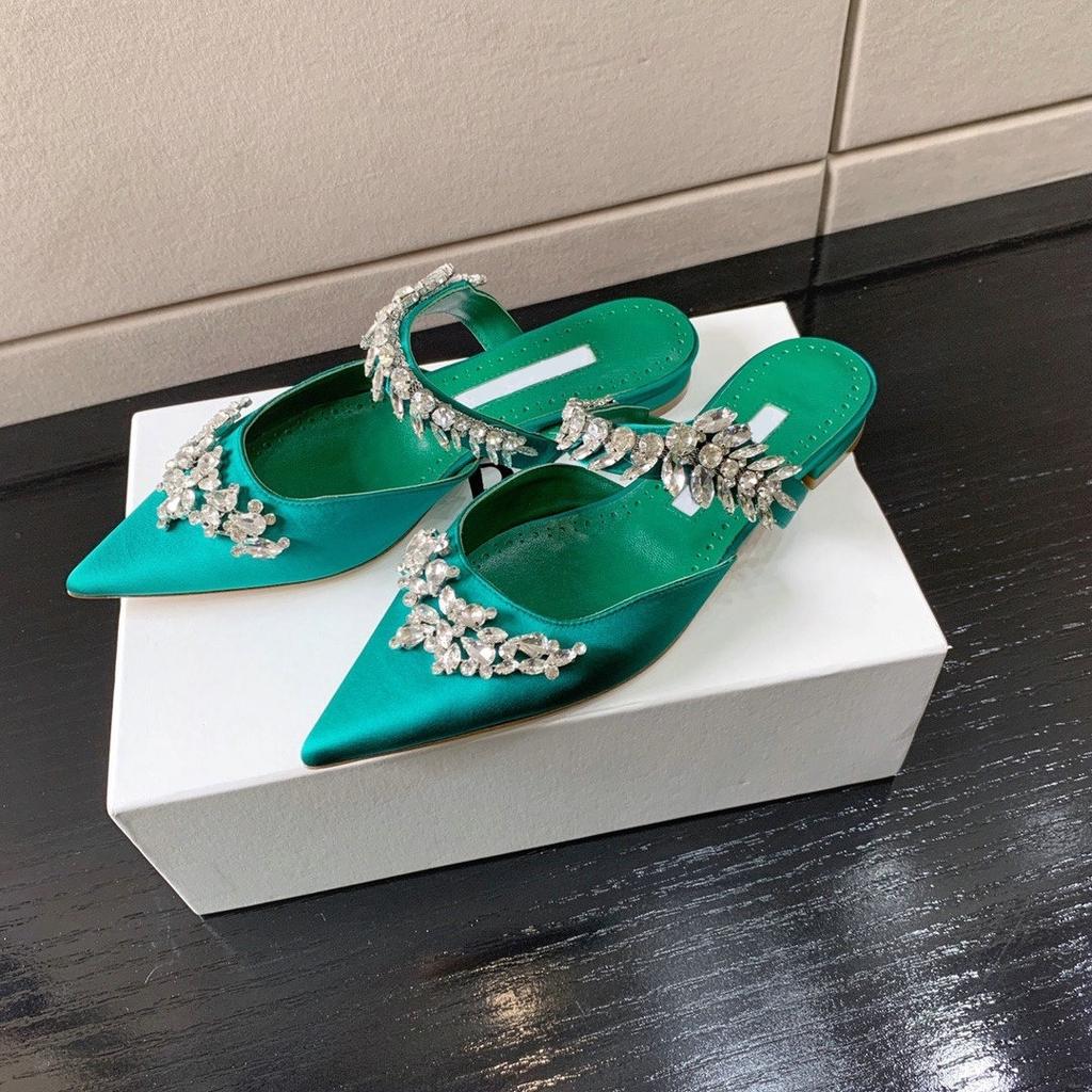 Luxury Crystal Slipper Wheat-Ear Rhinestone Pointed Sandals Silk Satin Covered Head High Heels Slippers Woman