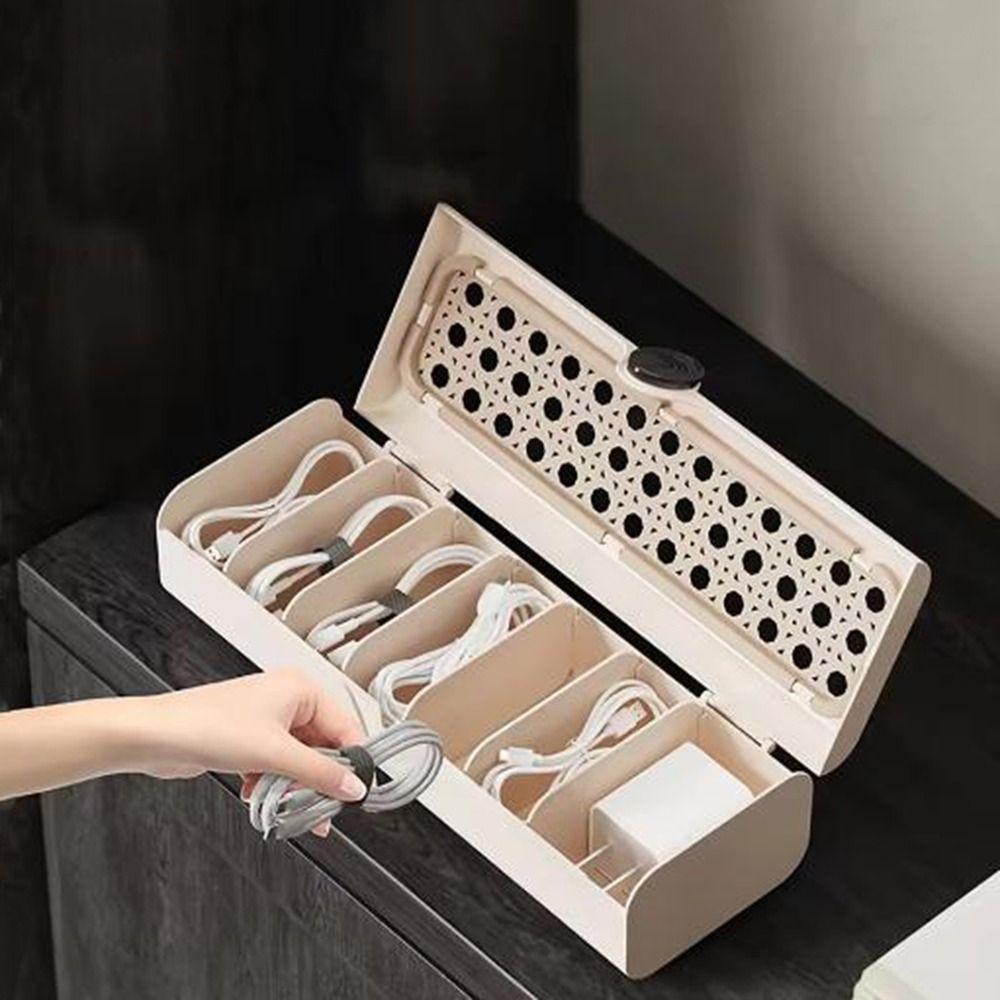 Plastic Date Cable Storage Box Rattan Weave Style Charging Cord Management Case  Office