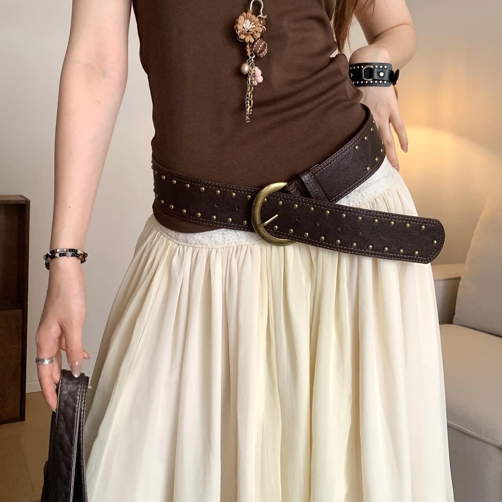Vintage Western Style Brown Rivet Belt Female Niche Design Flower Waist Rope with Skirt Jeans Waist Seal Accessories