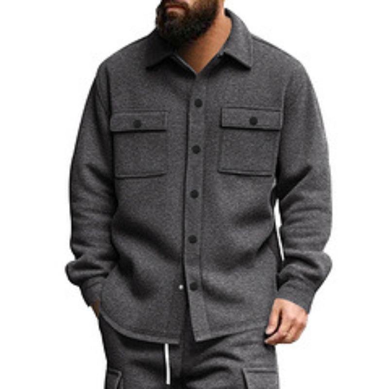 American Casual Men'S Clothing Fleece Lapel Multi-Pocket Single-Breasted Solid Color Casual Jacket Men