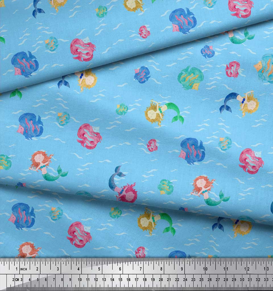 Soimoi Blue Poly Crepe Fabric Mermaid & Starfish Ocean Print Fabric by the metre 42 Inch