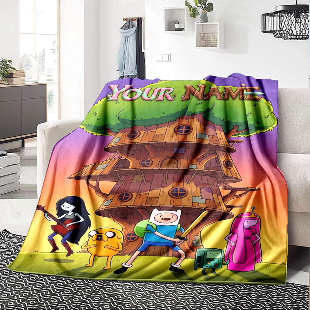 Name Custom Adventure-Time Print Flannel Blanket High Quality Warm Comfortable Cover for All Seasons Perfect for Gifts Home Decor