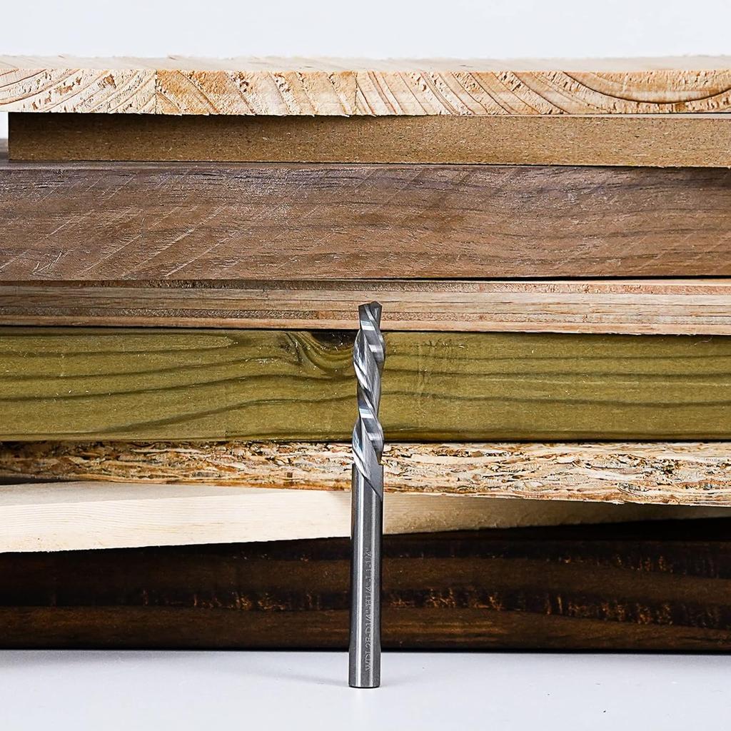 SpeTool Spiral Router Bits with Downcut 1/4 Inch Cutting Diameter, 1 Inch Cutting Length 3 Inch Extra Long HRC55 Solid Carbide CNC End Mill for Wood