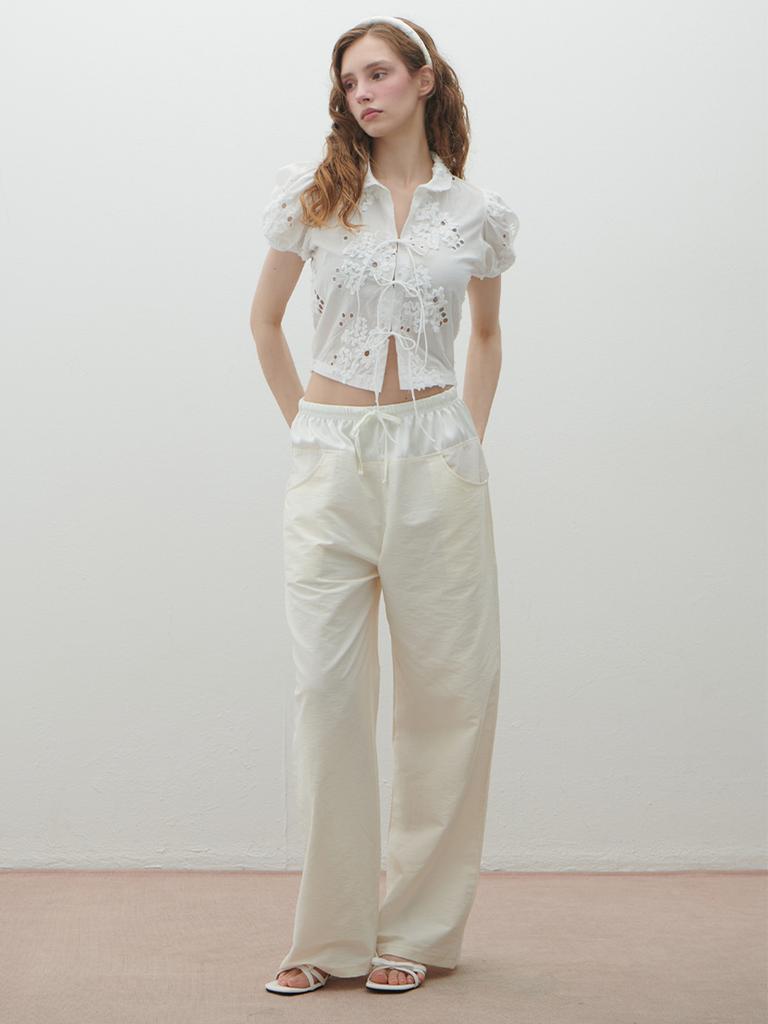 HHIPS Silk Color Block Nylon Wide Pants (Ivory)